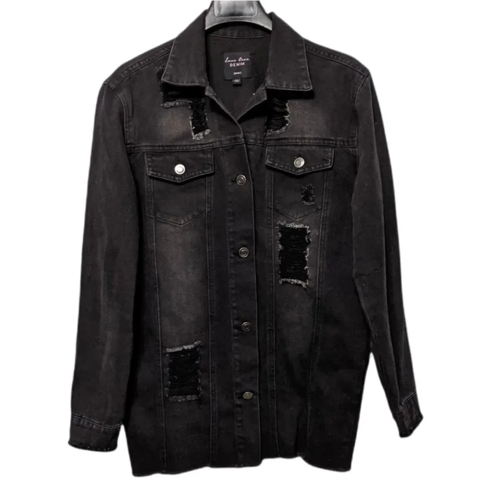 LOVE TREE Distressed Denim Black Long Jacket S